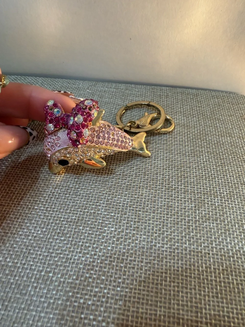 Gold Dolphin Keychain with Pink Crystal Detailing